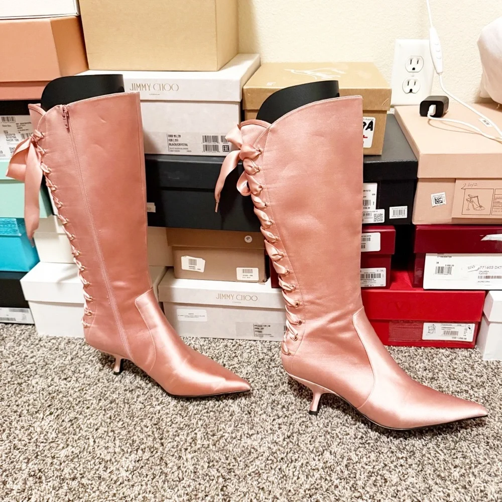 Jeffery Campbell Leggy Boot in Pink Satin Lace Up Corset Revolve Size 8.5 - Picture 9 of 14